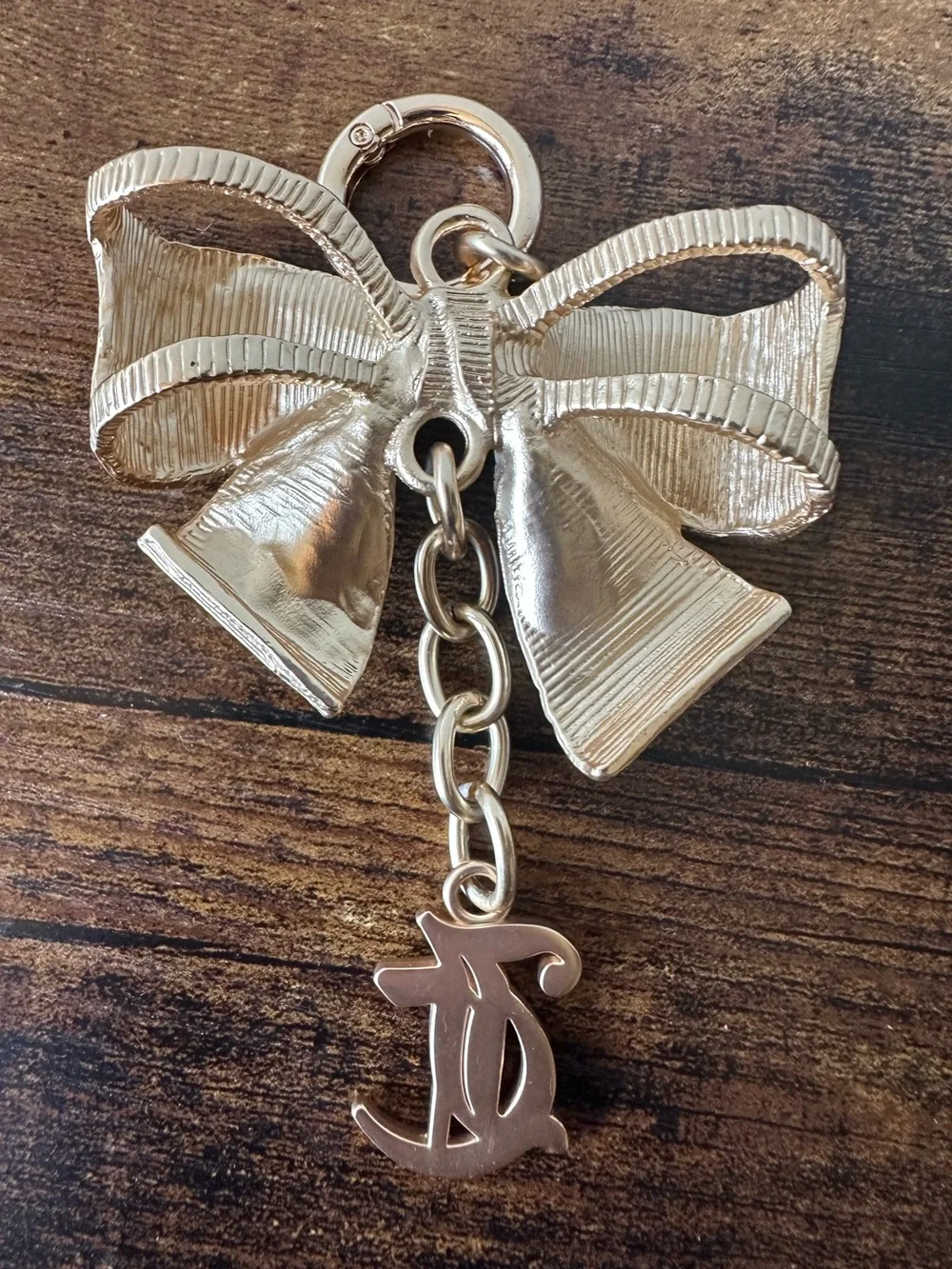 Juicy Couture Metal Gold Bow Bag Charm Keychain with Rhinestone JC Pendant NWOT